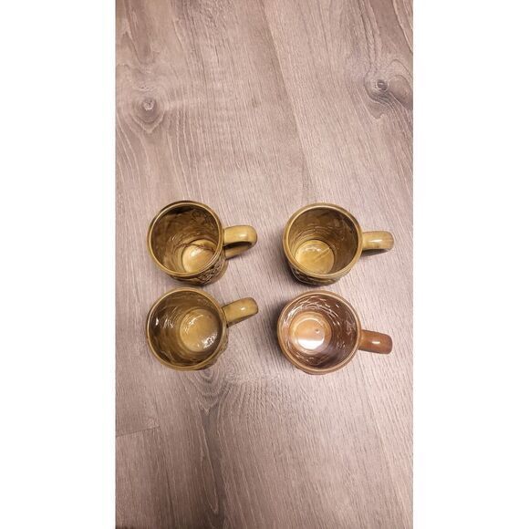 Vintage Looking Ceramic Textured‎ Fruit & Floral Mugs Set of 3 Green & 1 Brown - Picture 3 of 5